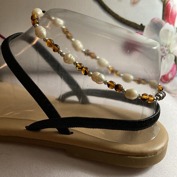 NWOT - Amber Glass Beads & Freshwater Pearls Silver Balls Wider Ankle Bracelet - Picture 3 of 10
